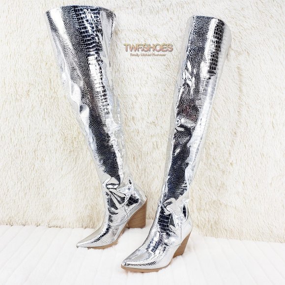 Silver Western thigh high Cowboy Boots - Picture 3 of 15